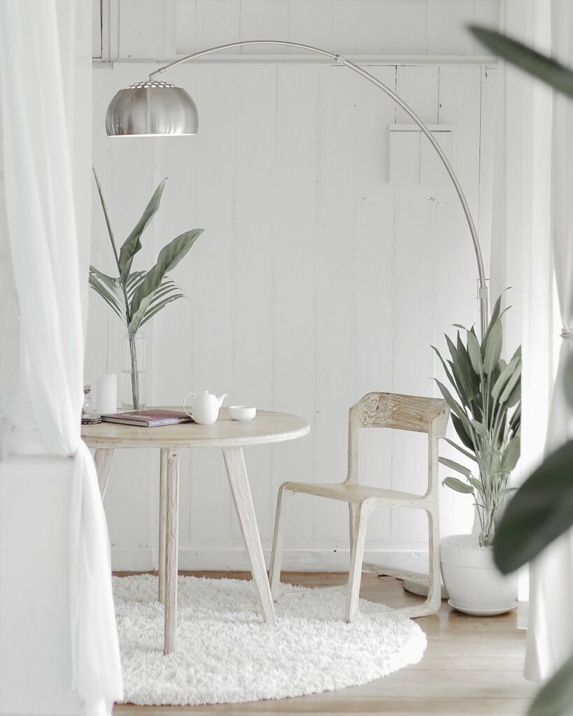 Small round table and a chair beside houseplants in a white room