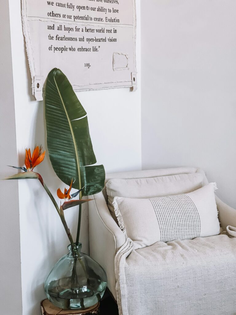 Large green leaf in a glass vase beside a white armchair